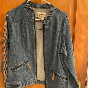 Women's Blue Denim Jacket with Tan Lace-Up Detail
